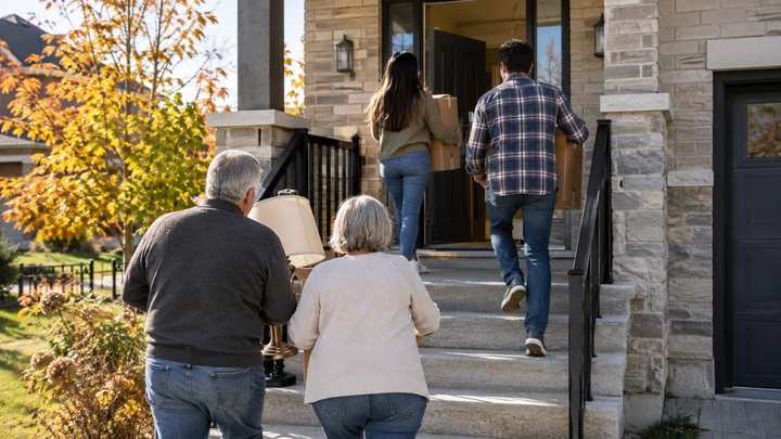 A young couple and their parents carry moving boxes into a townhouse