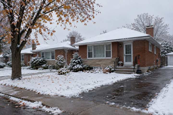 First snow on a quiet street of brick bungalows