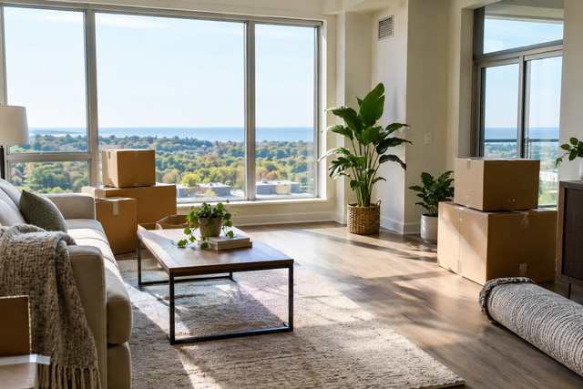 Packed moving boxes stacked in a bright condo living room