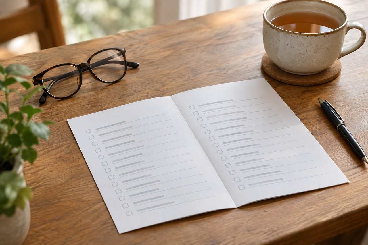A printed checklist on a kitchen table beside reading glasses, a pen and a cup of tea