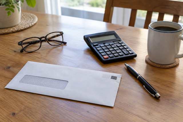 A property tax bill, a calculator and a pair of reading glasses on a table