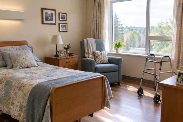 A quiet private room with an armchair beside a sunny window