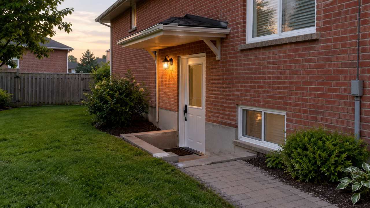 A separate side entrance leading to a basement suite in a red-brick house