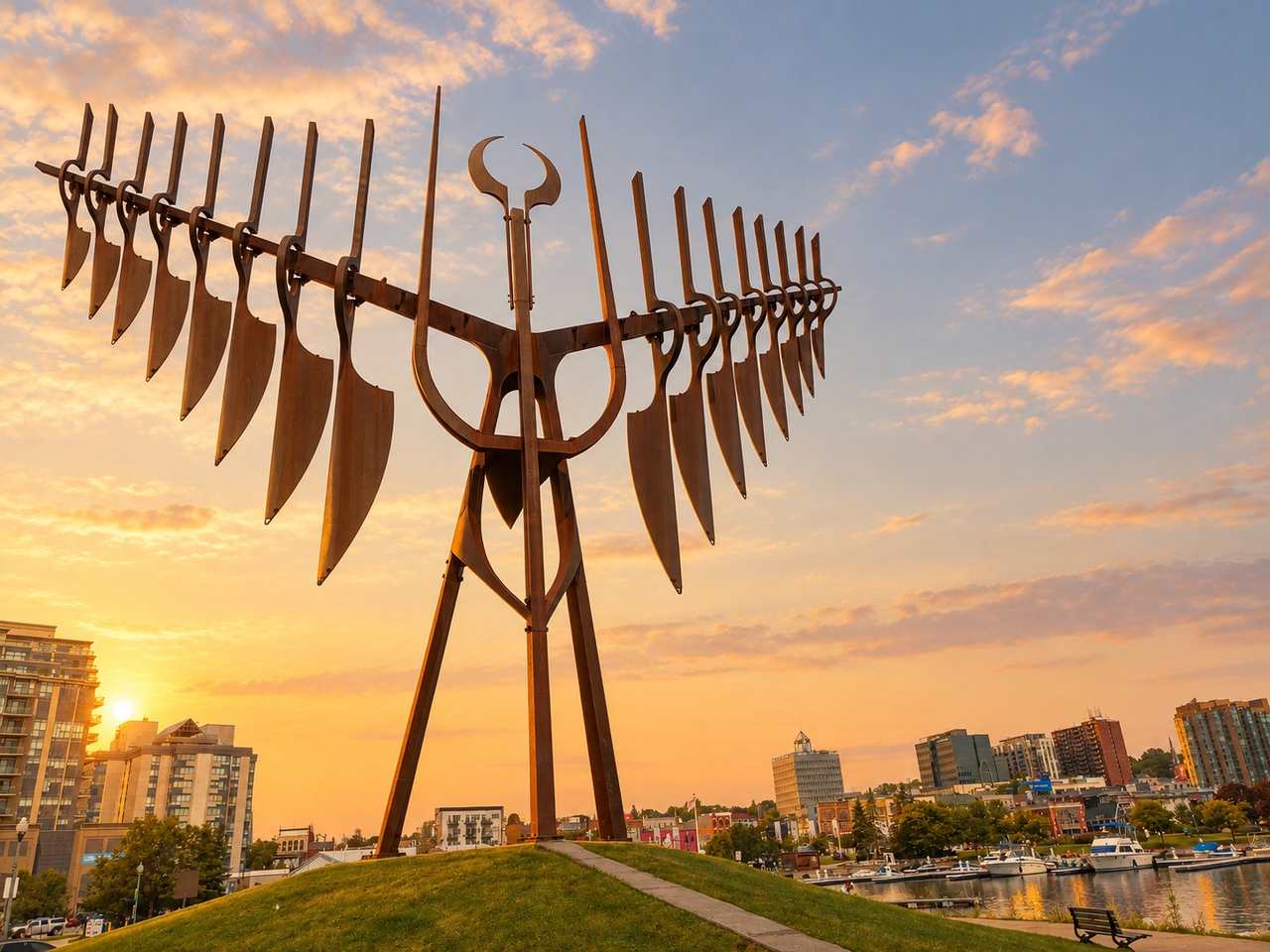 The Spirit Catcher sculpture on the Barrie waterfront at golden hour, with downtown and the marina behind it
