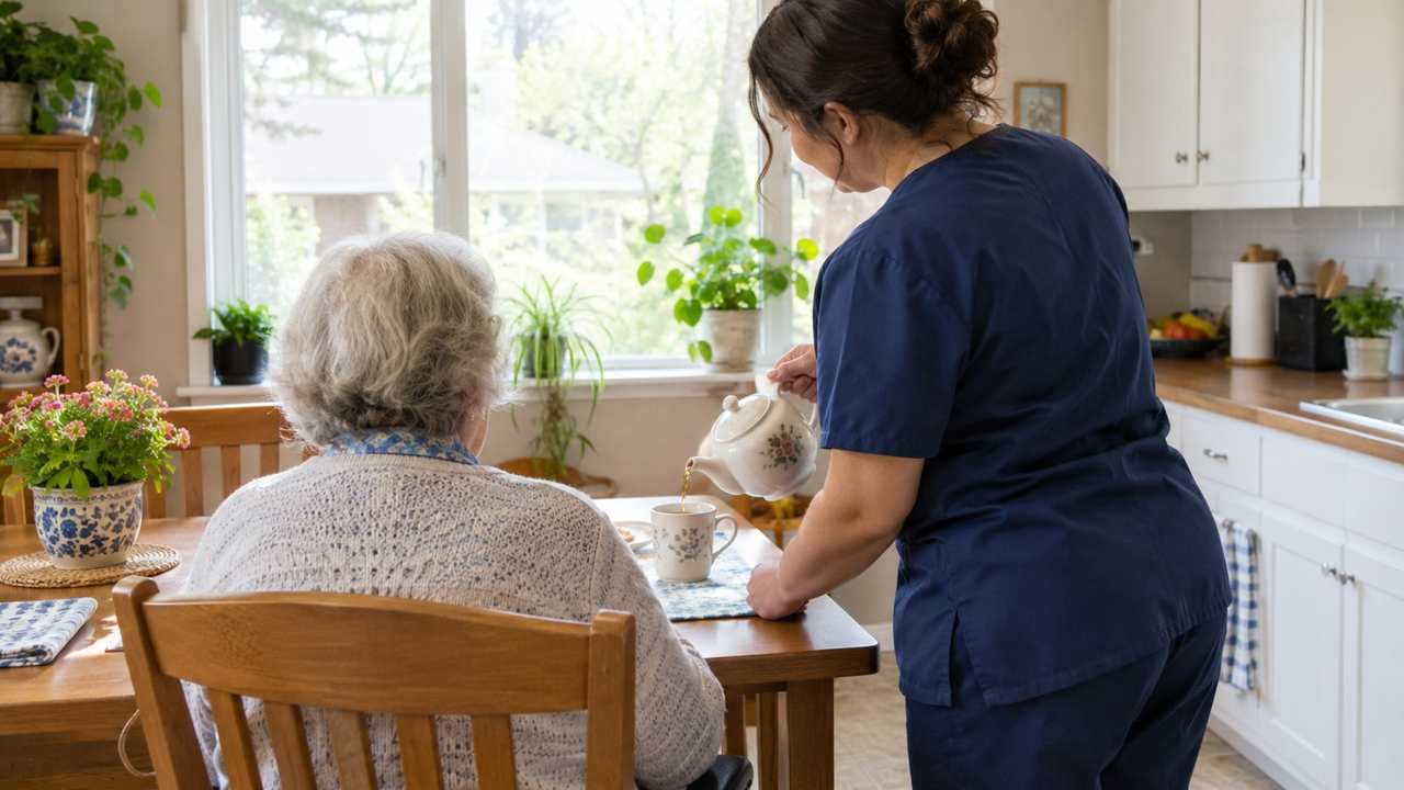 A personal support worker pours tea for an older woman at her kitchen table