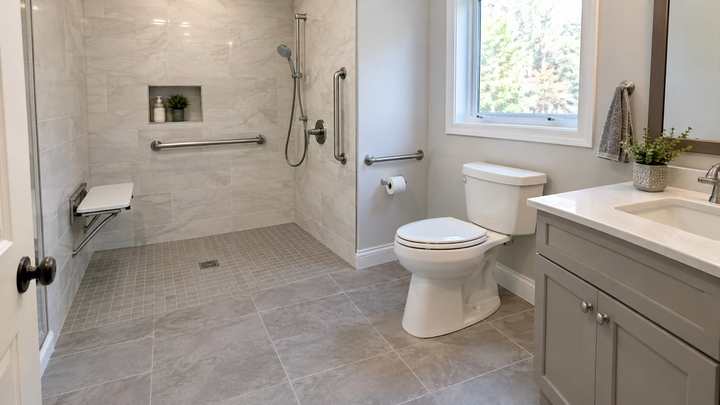 A curbless walk-in shower with grab bars and a fold-down seat