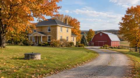 A yellow-brick farmhouse and red barn on rolling farmland in autumn