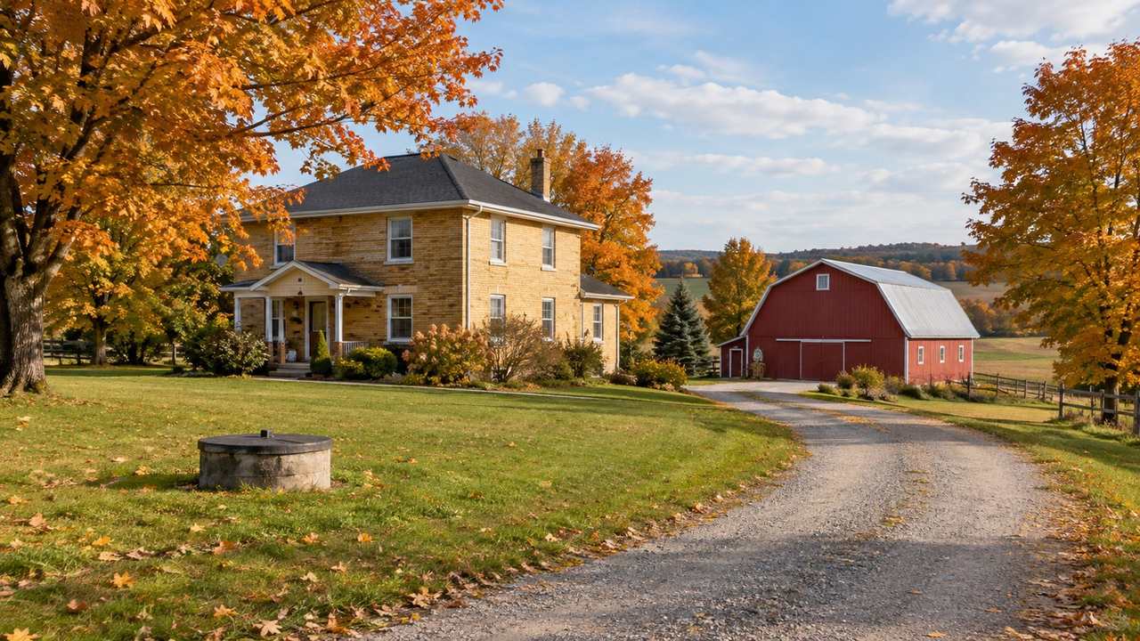 A yellow-brick farmhouse and red barn on rolling farmland in autumn